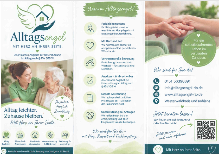 Informationsflyer von Alltagsengel mit Leistungen und Kontaktdaten